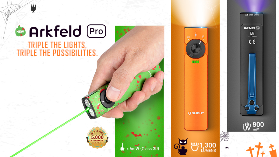 Olight Arkfeld Pro Review White light, UV, Laser Flat Flashlight